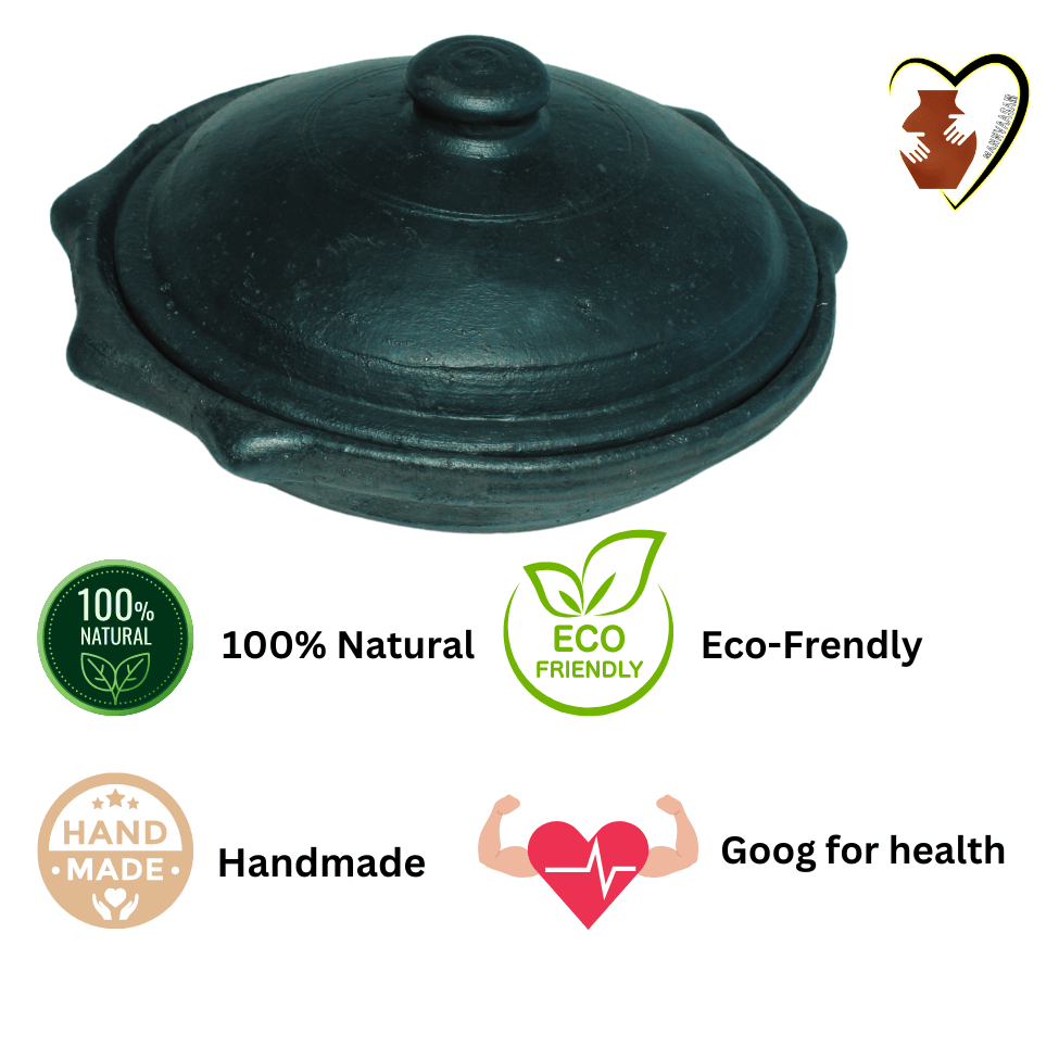 MANN VAASAM  Clay Appam Maker with Lid |  Traditional Handmade Earthen Tawa/Clay Pots for Cooking /Roti/Appa Chatty/Pre-Seasoned Black