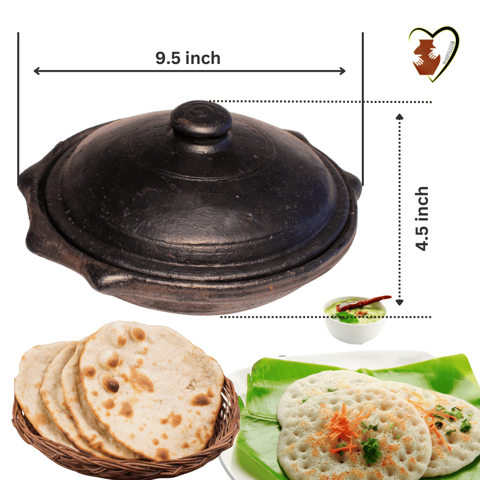  MANN VAASAM  Clay Appam Maker with Lid |  Traditional Handmade Earthen Tawa/Clay Pots for Cooking /Roti/Appa Chatty/Pre-Seasoned Black
