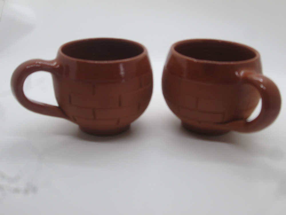 Terracotta Clay Tea Cups - Set of 2, Earthen Brown, Brick Design - 120 ml