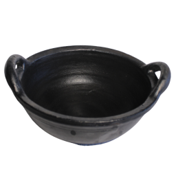 Deep Burned Clay Kadai For Cooking And Serving 2 Liter, Black