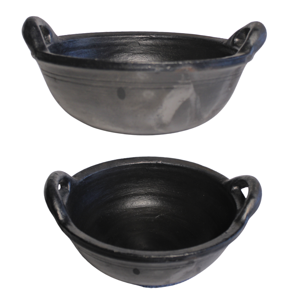 Deep Burned Clay Kadai For Cooking And Serving 2 Liter, Black