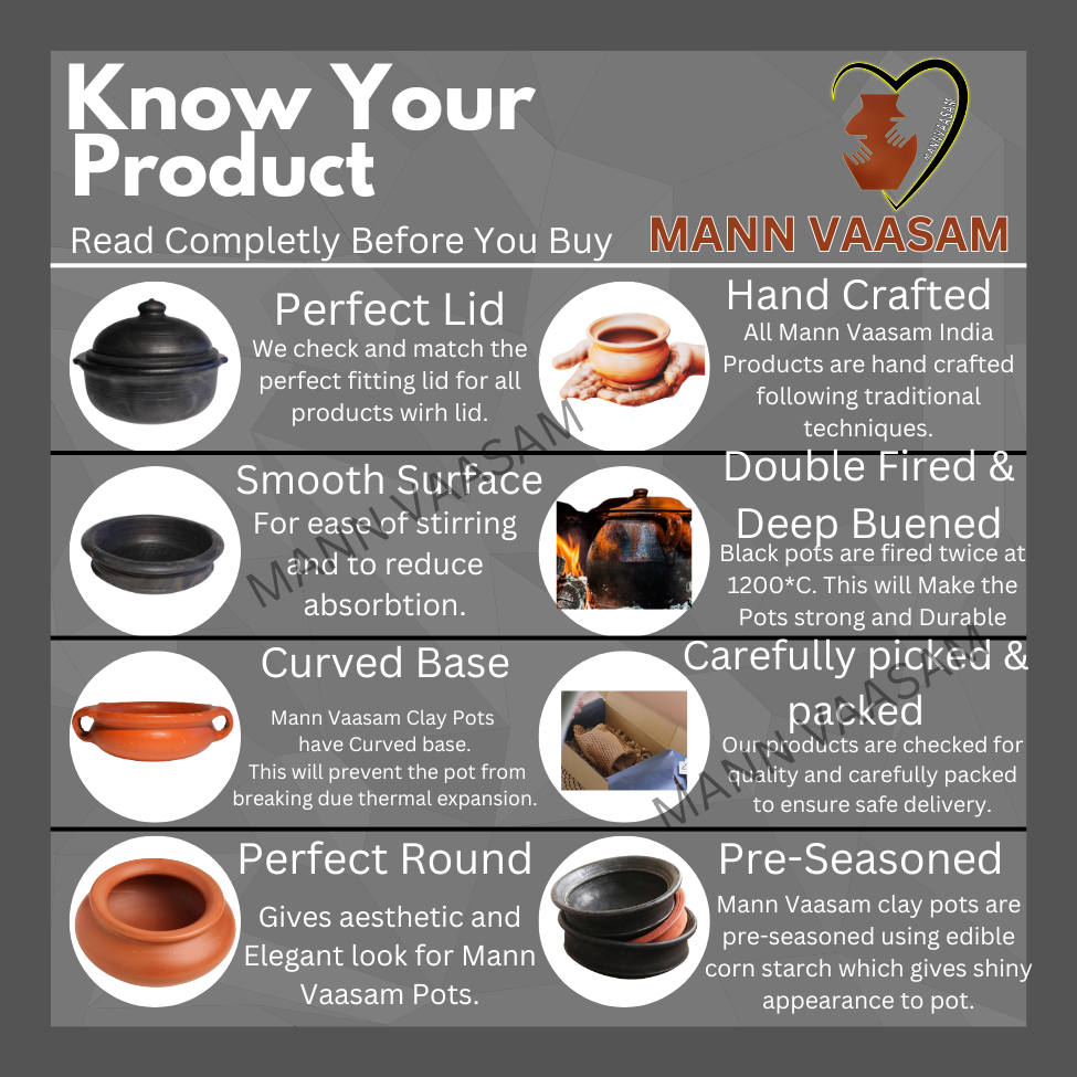 Deep Burned Clay Kadai For Cooking And Serving 2 Liter, Black