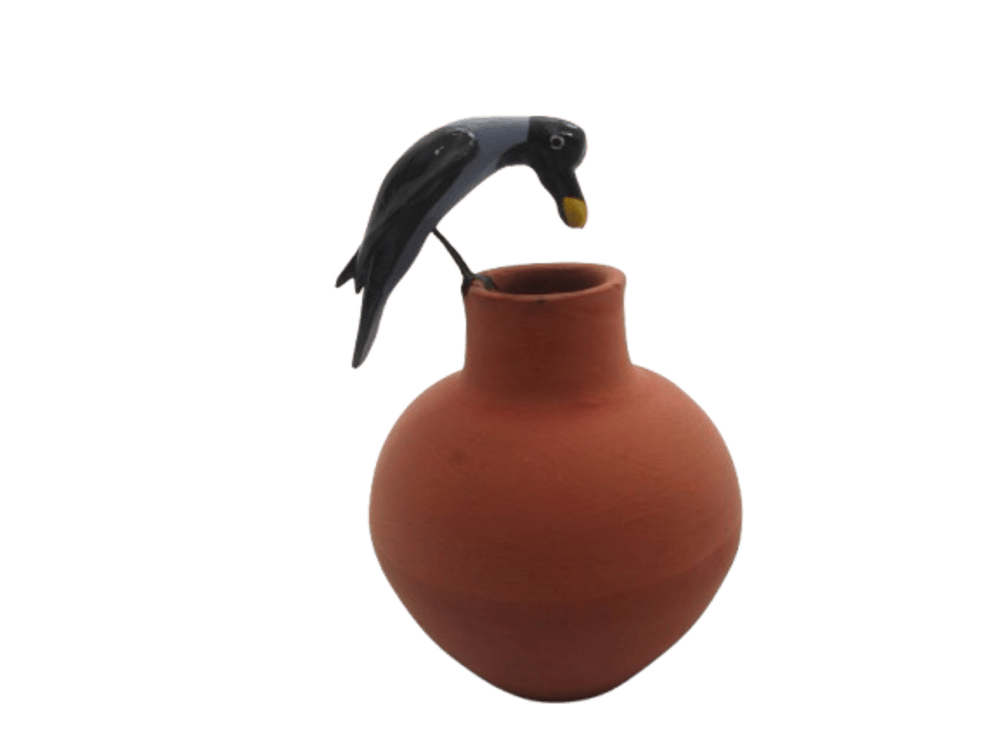 Maan Vaasam Home Decoration Handicraft for Livingroom Office Miniature Clay Crow Clay Bird on Pot Decorative Showpiece