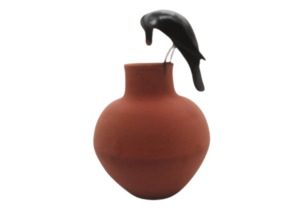 Maan Vaasam Home Decoration Handicraft for Livingroom Office Miniature Clay Crow Clay Bird on Pot Decorative Showpiece