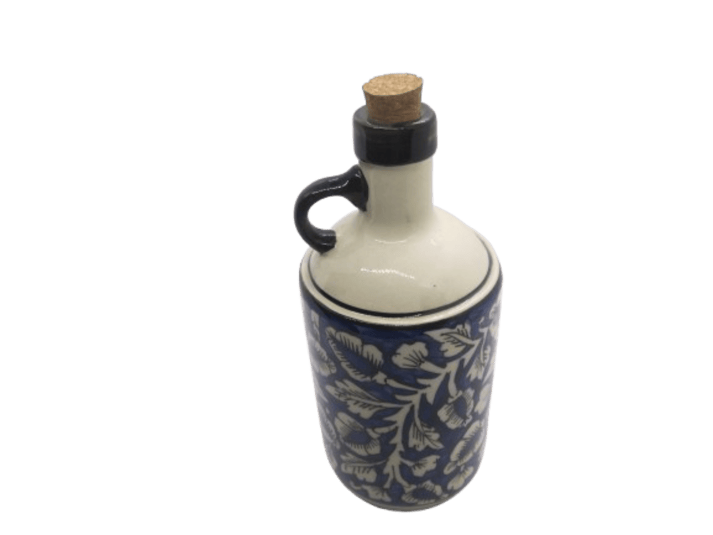 ExclusiveLane The Flowy Flora Mughal Hand Painted Ink Blue Decorative Ceramic Oil Bottle Cooking Oil Dispenser Containers Vinegar Oil Dropper 
