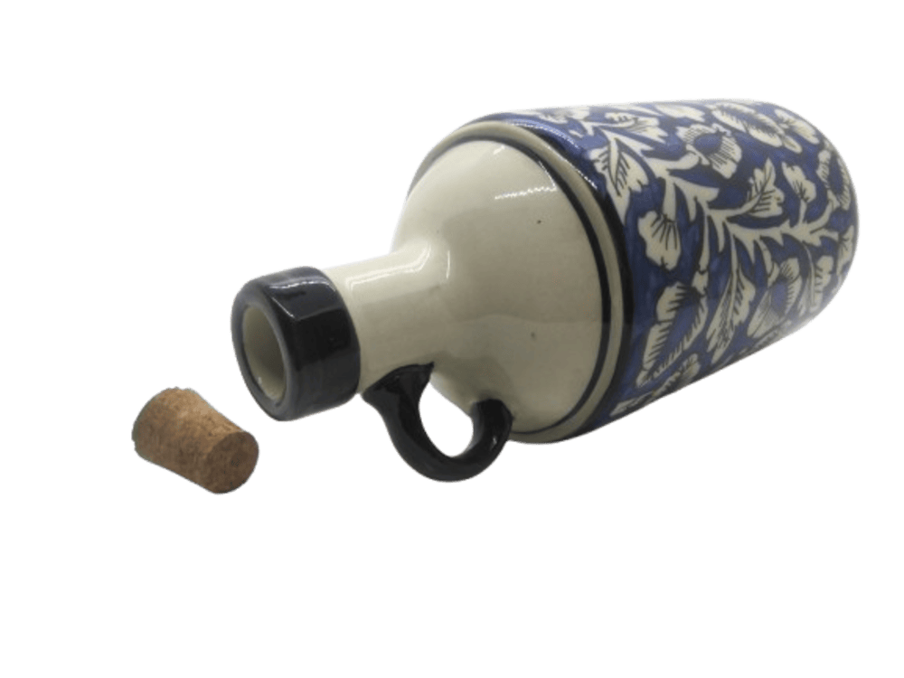 ExclusiveLane The Flowy Flora Mughal Hand Painted Ink Blue Decorative Ceramic Oil Bottle Cooking Oil Dispenser Containers Vinegar Oil Dropper 