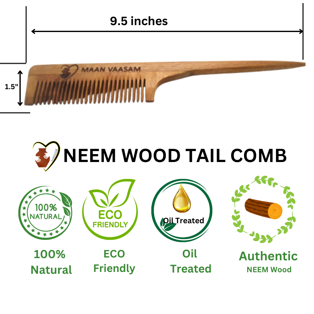 MANN VAASAM Organic Pure Neem Wood Comb, Hair Growth, Comb For Men, Women (Pin Tail Neem Comb), Brown