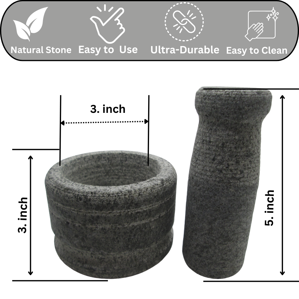 VAH Stone Mortar and Pestle Set/Kalvam/Okhli Masher/Khalbatta Stone/Natural & Traditional Grinder/Musal for Grinding Spices and Herbs (4 inches)